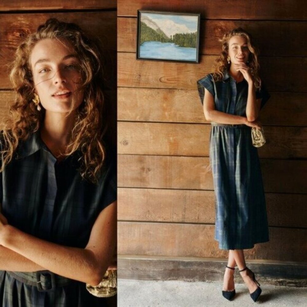 Tuckernuck NEW Blackwatch Chloe Plaid Navy Green Classic Midi Dress Size M - Picture 3 of 12